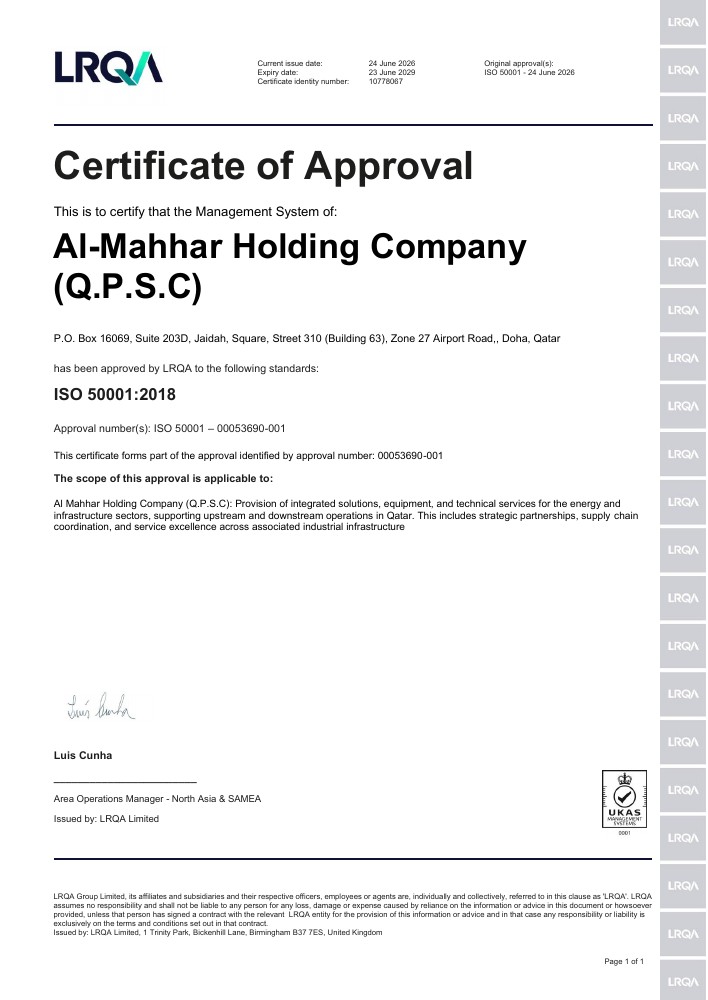 Al Mahhar Holding ISO 50001 Certificate